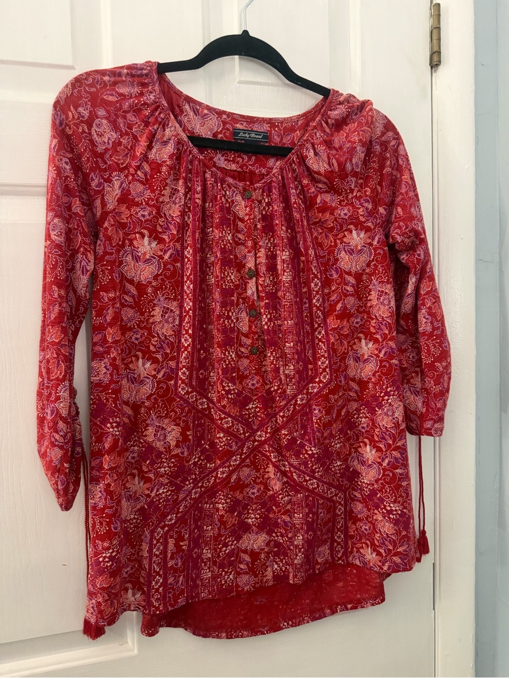Lucky Brand Women’s S Red Floral Boho Tunic Top 3/4 Sleeve Tassels